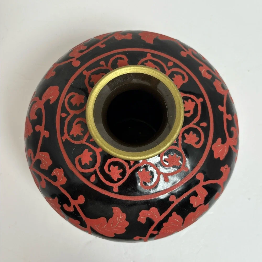 Vintage Hand Enameled Black on Red Floral Porcelain Round Decorarive Vase